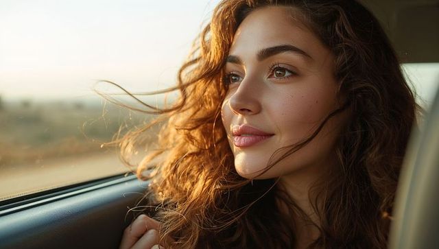 Sunlit woman leaning at car window feeling warm breeze, golden hour glow, serene portrait