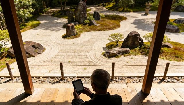 Senior man reading e-reader on wooden veranda overlooking zen rock garden, serene retreat