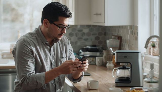 Man scrolling smartphone while brewing coffee at sunlit modern kitchen counter, morning