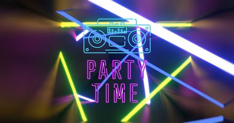 neon lights and retro radio create an energetic vibe perfect for club promotions, music events, or themed invitations. use this for creating party flyers or digital background designs.