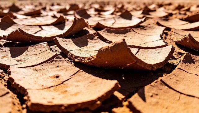 Sunlit Curled Dried Mud Plates Forming Cracked Soil Polygons on Parched Lakebed Closeup