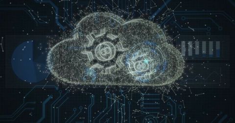 Futuristic Digital Cloud with Gears and Data Visualization