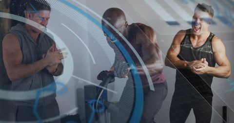 Three men pushing through intense stationary bike workout with futuristic hud overlay