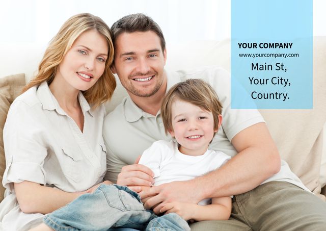 Perfect for family-oriented services, parenting blogs, or community outreach programs. Depicts a cheerful family, mother, father, and child sitting together on a sofa exuding a sense of warmth and unity. Use to promote family events, advertise personal services, or enhance websites and brochures focusing on families.