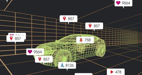 Futuristic Neon Wireframe Car with Digital Notifications