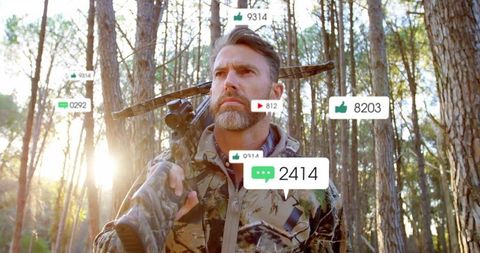 Hunter with crossbow in forest surrounded by social media notifications