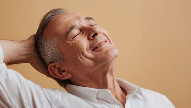 Smiling gray-haired senior man reclining with eyes closed on warm beige background