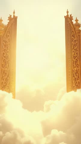 Vertical video of ornate golden gates opening to radiant heavens with drifting clouds