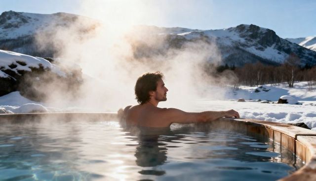 Shirtless man soaking in steaming wooden hot tub amid snowy mountain sunrise and solitude