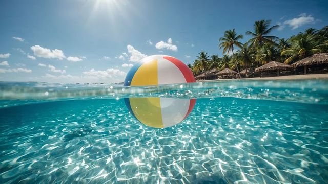 Vibrant beach ball floating in crystal clear tropical waters