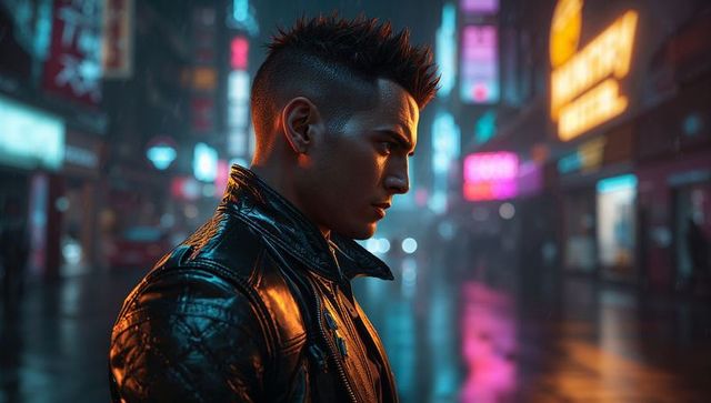 Urban night street scene with man in leather jacket and neon signs