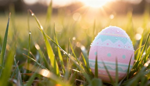 Pastel easter egg nestling in dewy grass at sunrise with bokeh sunburst and lens flare