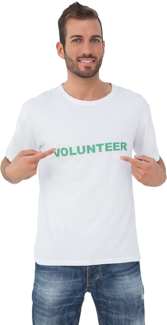 Happy male volunteer in white shirt with green text posing - Download Free Stock Videos Pikwizard.com