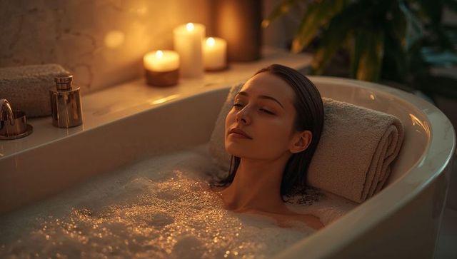Young woman soaking in bubble bath with candlelight in marble bathroom for spa relaxation