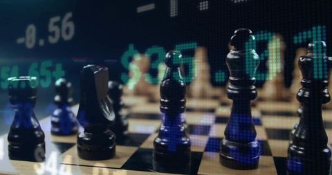 Strategic finance concept glossy chess pieces with stock ticker and blue led reflection