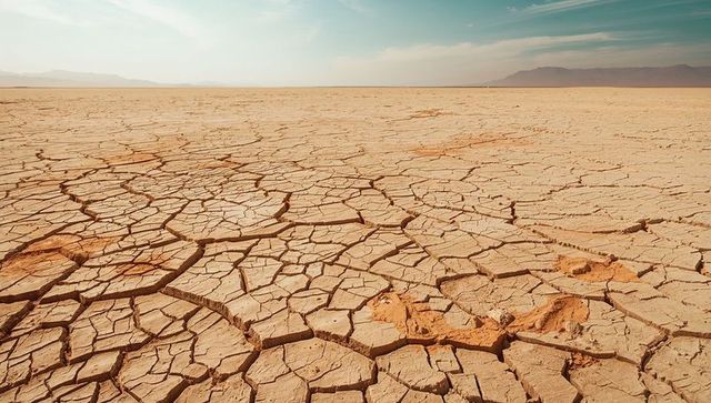 Cracked mud flats stretching into horizon under pale blue sky, parched playa with polygonal fissures