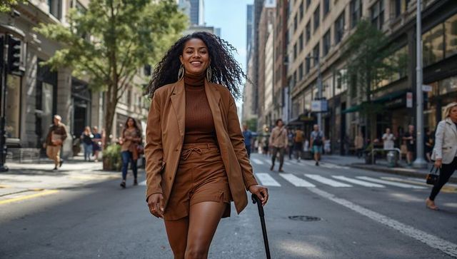Confident urban woman walking with cane in brown blazer and shorts, city street style