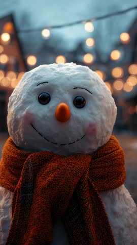 Vertical clip capturing smiling snowman with carrot nose and knit scarf amid festive bokeh lights