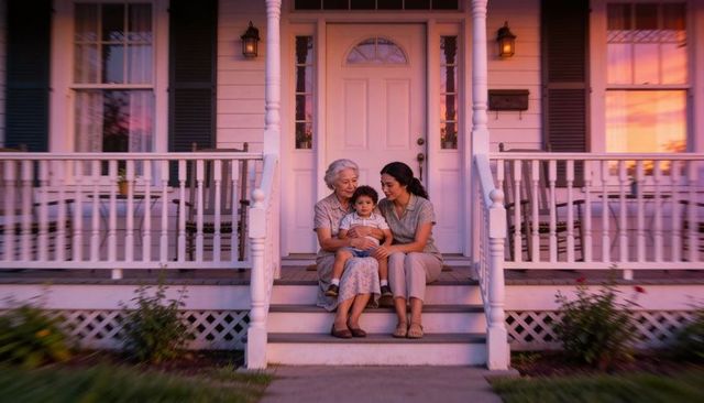 Three-generation family sitting on front porch steps at golden hour, warm evening moment