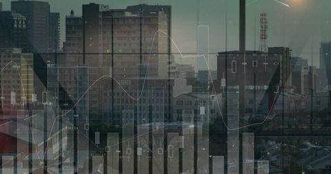 Translucent Financial Charts Overlaying Urban Skyline at Dusk with Candlestick Graphs