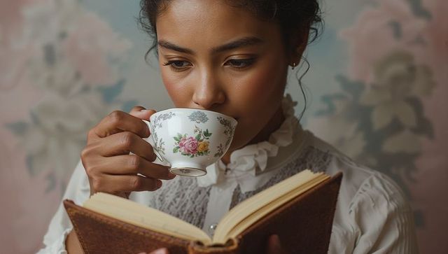 Elegant woman sipping tea and reading in vintage setting