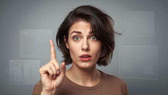 Young woman pointing upward with surprised expression and futuristic ui overlays