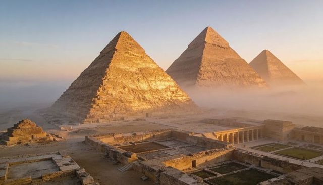 Giza pyramids glowing in golden sunrise mist over ancient ruins on desert plateau