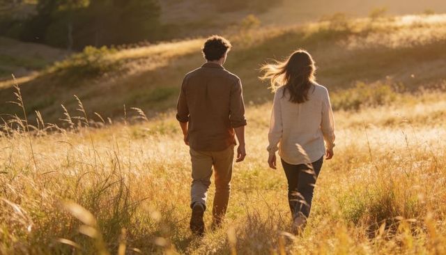 Couple walking through golden meadow at sunset on hillside trail