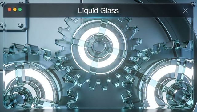 Liquid glass gears glowing transparent cogs meshing with backlit halo and crystal shine