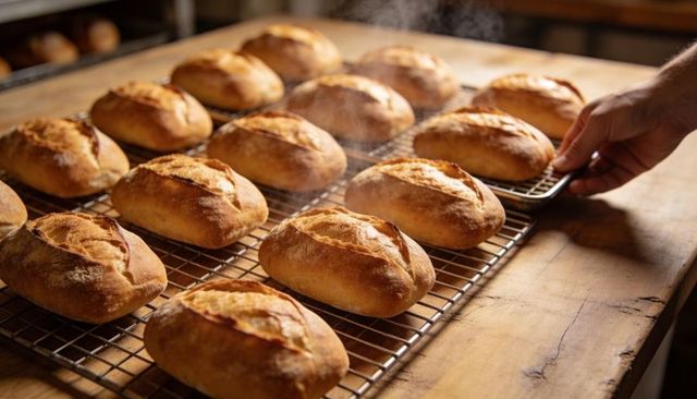 Steam-rising artisan bread loaves cooling on rustic rack with baker hand