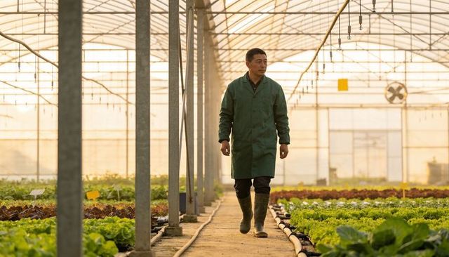 Greenhouse worker walking and checking lettuce rows in controlled-environment cultivation