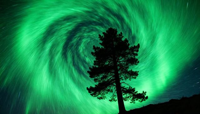 Swirling green aurora vortex over pine silhouette on ridge night sky with star trails