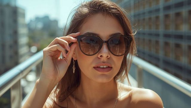 Adjusting oversized sunglasses on sunlit rooftop balcony, fashion portrait close-up