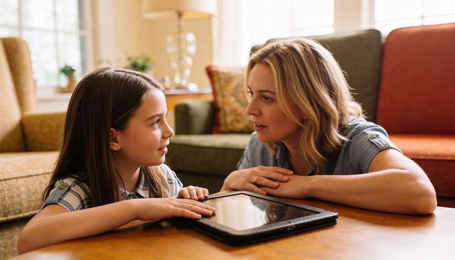 Mother and daughter leaning on coffee table sharing tablet, cozy living room learning time