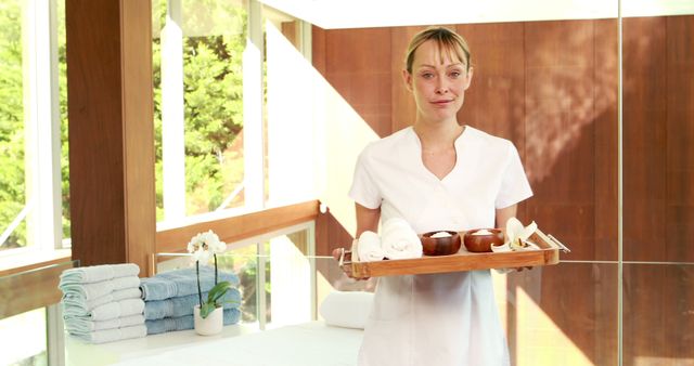 A Caucasian female spa therapist presents a tray of spa essentials, with copy space. Her professional attire and the tranquil spa setting suggest a focus on wellness and relaxation.