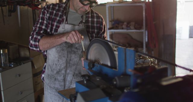Caucasian male knife maker in workshop wearing glasses and using sander. independent small business craftsman at work.