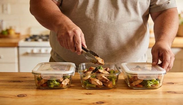 Man meal-prepping chicken and broccoli in glass containers on wooden counter