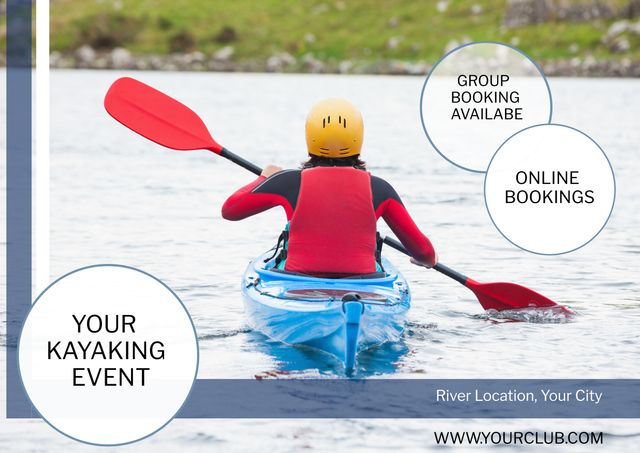 Kayaker on Calm River Promoting Group Event and Online Bookings - Download Free Stock Templates Pikwizard.com