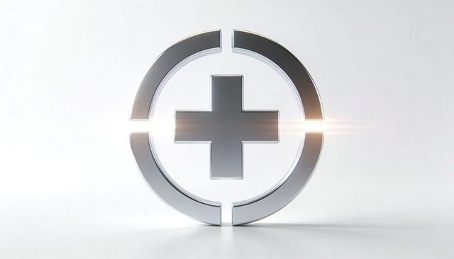 Chrome medical cross within segmented ring with reflective finish and lens flare