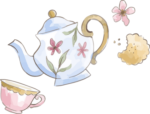 Delicate watercolor teapot with teacup and blossom on transparent background