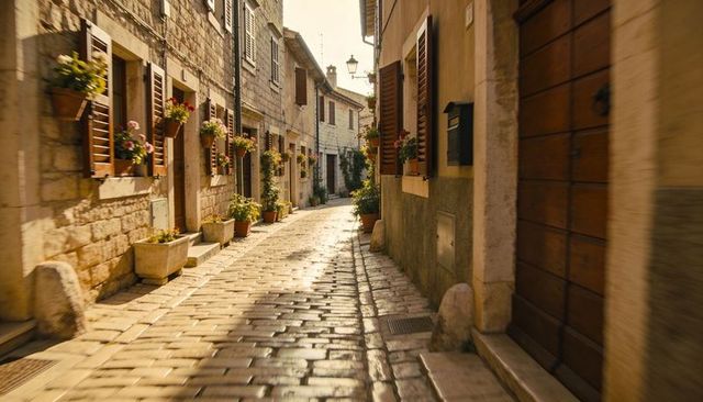 Sunlit cobblestone alley mediterranean village flower-filled shutters golden hour