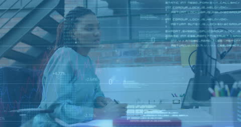 Businesswoman Analyzing Data in Modern Office with Digital Interface Overlay