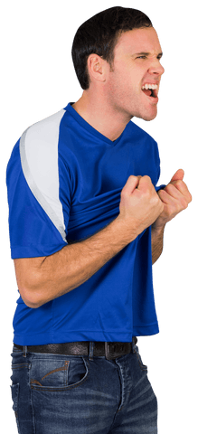 Passionate football fan celebrating in blue jersey transparent background