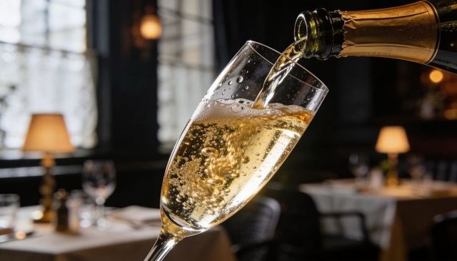 Pouring champagne into tilted flute with bubbles and warm lamp glow in fine dining