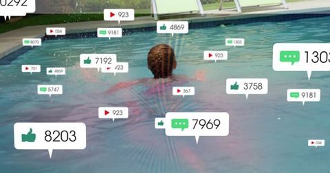 Girl Swimming in Outdoor Pool Surrounded by Social Media Notifications and Likes