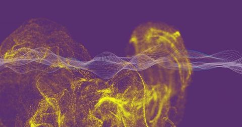 Flowing Wave and Yellow Particle Clouds on Purple Background
