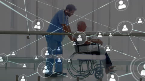 Doctor Assisting Patient in Wheelchair with Technology Connections Overlay