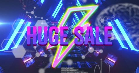 Futuristic Huge Sale Banner with Neon Graphics and Digital Elements