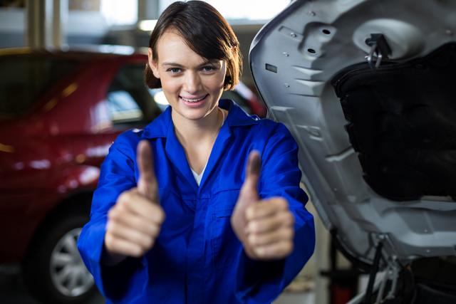 Female mechanic in blue uniform giving thumbs up in an auto repair garage. Ideal for illustrating concepts of women in trades, automotive services, professional mechanics, and gender diversity in the workplace. Suitable for use in advertisements, blogs, and articles related to car maintenance, repair services, and vocational training.
