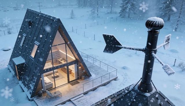 Aframe mountain cabin with glowing glass and snow-gathering roof turbine, cozy deck